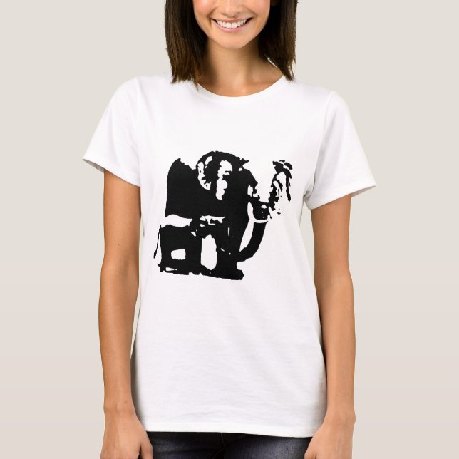 Camiseta Pop de Arte Branca Negra Bebê e Elefantes Mãe (Frente)