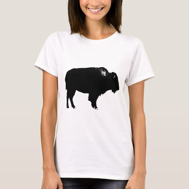 Camiseta Pop de Arte de Bison Bison Branco e Preto (Frente)