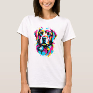 Camiseta Pop de Arte de Cão de Tinta Vibrante, Colorida