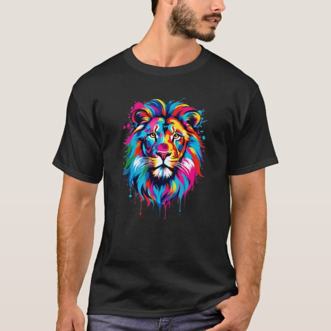 Camiseta Pop de Arte de Leão de Dispersão de Tinta Vibrante (Frente)