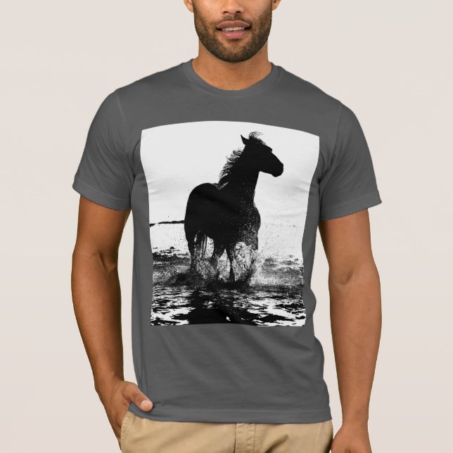 Camiseta Pop de Arte Negra Moderna que Corre Cavalos (Frente)