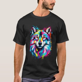 Camiseta Pop, Negrito e Colorido do Lobo de Tinta Vibrante