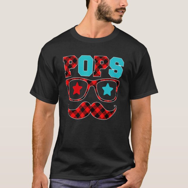 Camiseta Pop Óculos de Xadrez Vermelha bigode Feliz Pai (Frente)