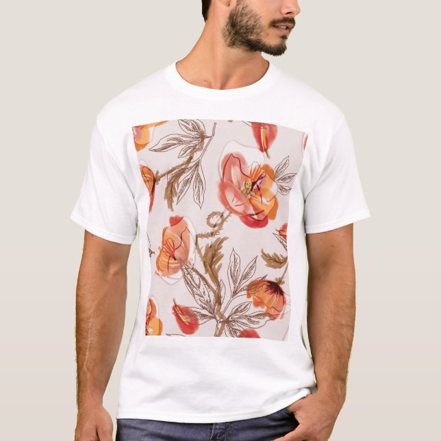 Camiseta Pópias de Fundo bege Pópias de Aquarela Padrão (Frente)