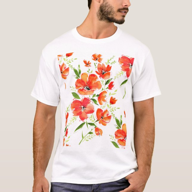 Camiseta Pópias Laranja Gentil Padrão de Aquarela (Frente)