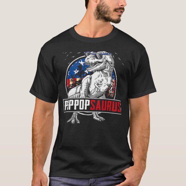 Camiseta Poppopsaurus Dinosaur T Rex American Flag Family M (Frente)