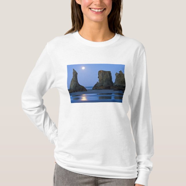 Camiseta Pôr da lua, Praia de Bandon, Oregon. (Frente)