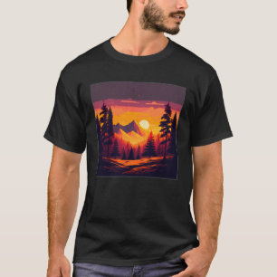 Camiseta Pôr do sol com ilustração Pinheiros Cena de Montan