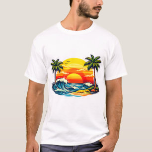 Camiseta Pôr do Sol de Verão Vintage Palmeiras Ondas da Pra