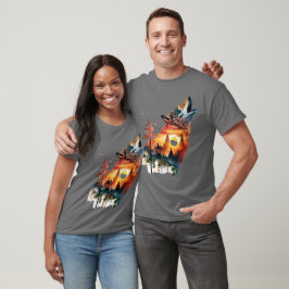 Camiseta Pôr do sol dupla exposição lobo uivando