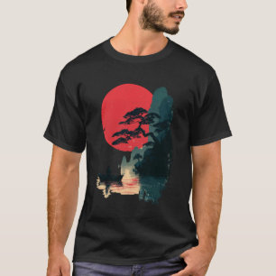 Camiseta Pôr do Sol Japonês Bonsai Lago Silhueta do Pescado