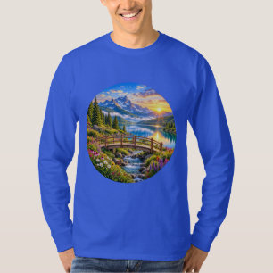 Camiseta Pôr do sol na ponte de madeira do lago da montanha