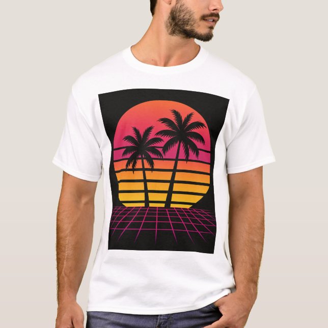 Camiseta pôr do sol neon com palmeiras (Frente)
