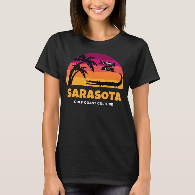 Camiseta Por do sol retro de Sarasota Florida com jacaré (Frente)