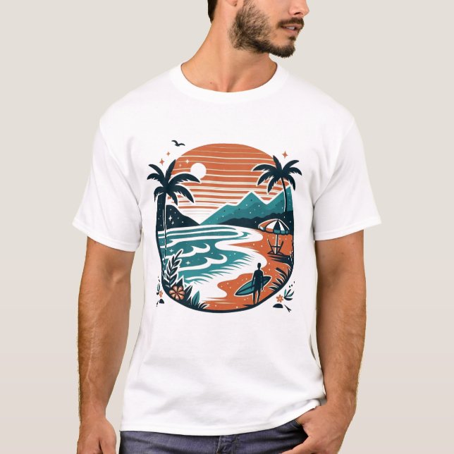 Camiseta Pôr do Sol Retro de Surf na Praia & Palmeiras (Frente)