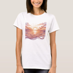 Camiseta Pôr do Sol Sereno Ondas do Oceano Arte Abstrata em