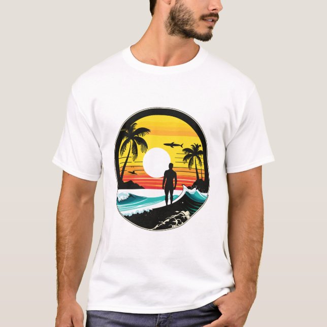 Camiseta Pôr do Sol Silhueta Arte Retro Praia Tropical (Frente)