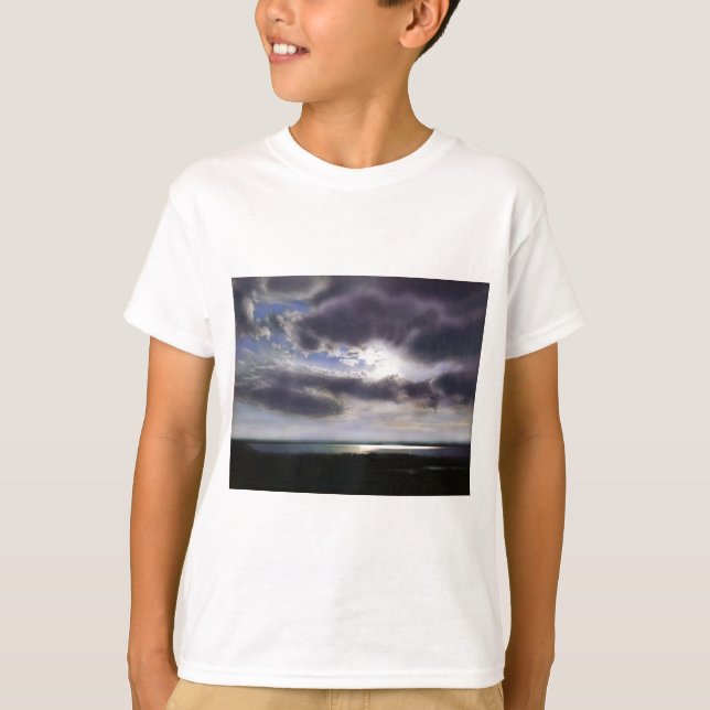 Camiseta Pôr do sol sobre a pintura a aquarela do lago (Frente)
