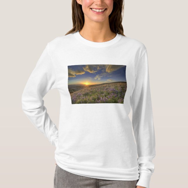Camiseta Pôr do sol sobre as montanhas Bitterroot e vasto (Frente)