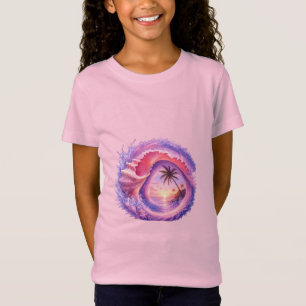 Camiseta pôr do sol tropical, arte de conchas, concha de pé