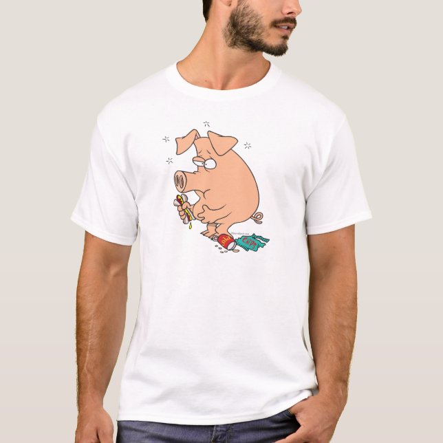 Camiseta porca encheada de comida com dor de barriga (Frente)