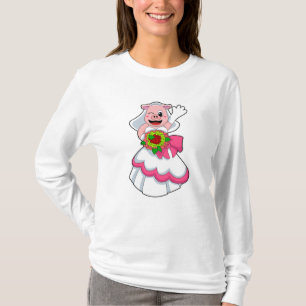 Camiseta Porco com vestido de noiva e buquê de flores
