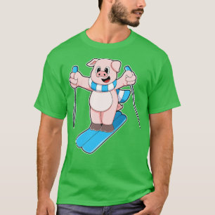 Camiseta Porco como esquiador com bastões de esqui Ski Scar