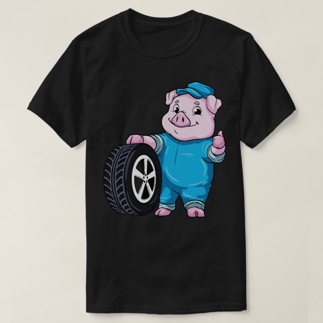 Camiseta Porco como mecânico com pneus (Frente do Design)