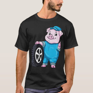 Camiseta Porco como mecânico com pneus