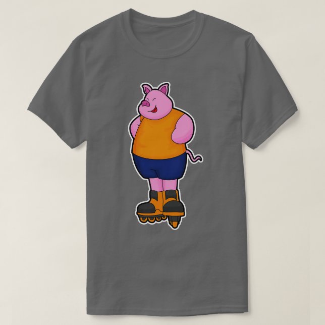 Camiseta Porco como Patinador com patins em linha (Frente do Design)