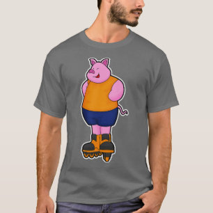 Camiseta Porco como Patinador com patins em linha