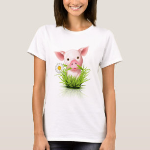 Camiseta Porco cor-de-rosa pequeno na grama
