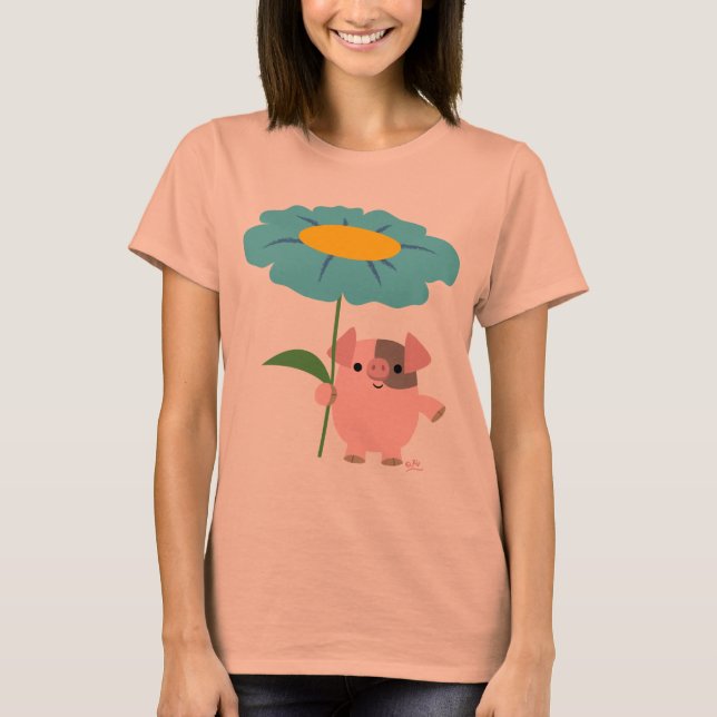 Camiseta Porco De Cartoon Bonito Com T-Shirt (Azul) Mulhere (Frente)