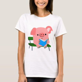 Camiseta Porco de Cartoon Bonito Leitura em Camiseta-T de B