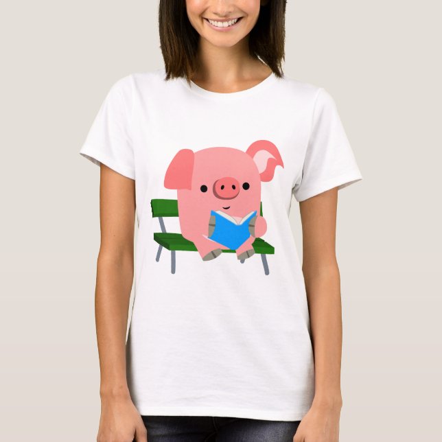 Camiseta Porco de Cartoon Bonito Leitura em Camiseta-T de B (Frente)