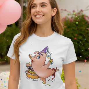 Camiseta Porco de Festa de aniversário dançante com bolo e 