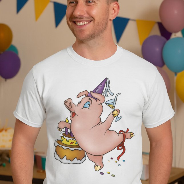 Camiseta Porco de Festa de aniversário dançante com bolo e  (Criador carregado)
