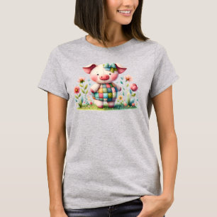 Camiseta Porco de retalhos de trigo no jardim floral