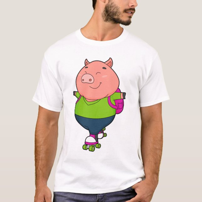 Camiseta Porco em patinagem em linha com skates de cilindro (Frente)