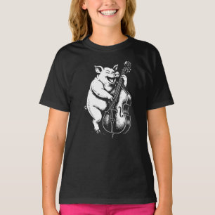 Camiseta porco engraçado toca contrabaixo em banda de jazz