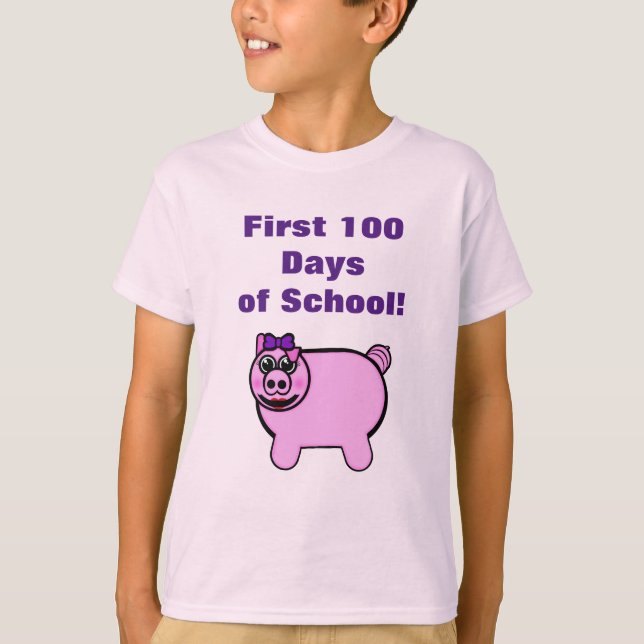 Camiseta Porco Fofo de Pelúcia Primeiro 100 Dias de Escola (Frente)
