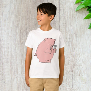 Camiseta Porco Hambriento Engraçado Segurando Garfo e Faca