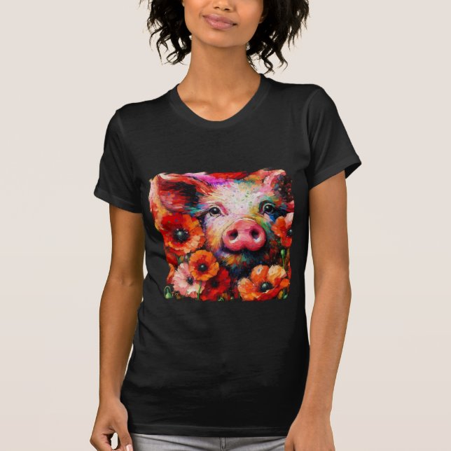 Camiseta Porco Impressionista em Flores Vermelhas (Frente)