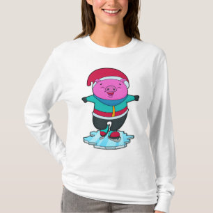 Camiseta Porco na patinação de gelo com skates de gelo e ch