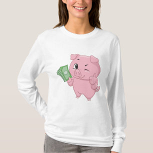 Camiseta Porco Rosa Segurando Dinheiro Fazendo Sinal de Pos