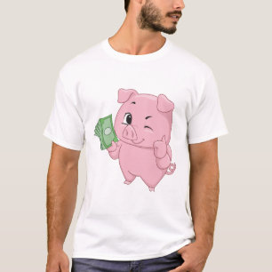 Camiseta Porco Rosa Segurando Dinheiro Fazendo Sinal de Pos