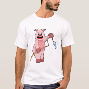Camiseta Porcos a pescar com canas de pesca e peixes