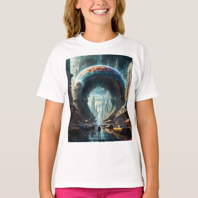Camiseta Portal Futurístico do Planeta de Alienígena com Po (Frente)