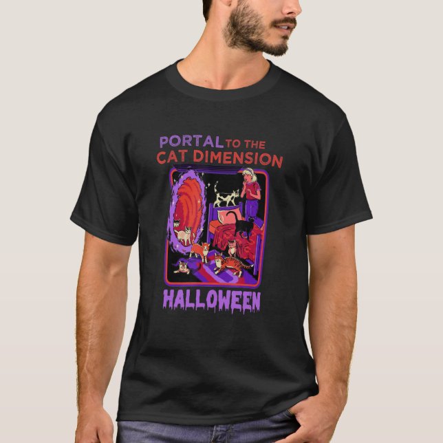 Camiseta portal para a dimensão do gato Halloween (Frente)