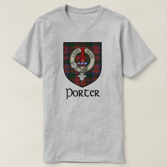 Camiseta Porter Surname Scottish Clan Crachá e Tartan (Frente do Design)